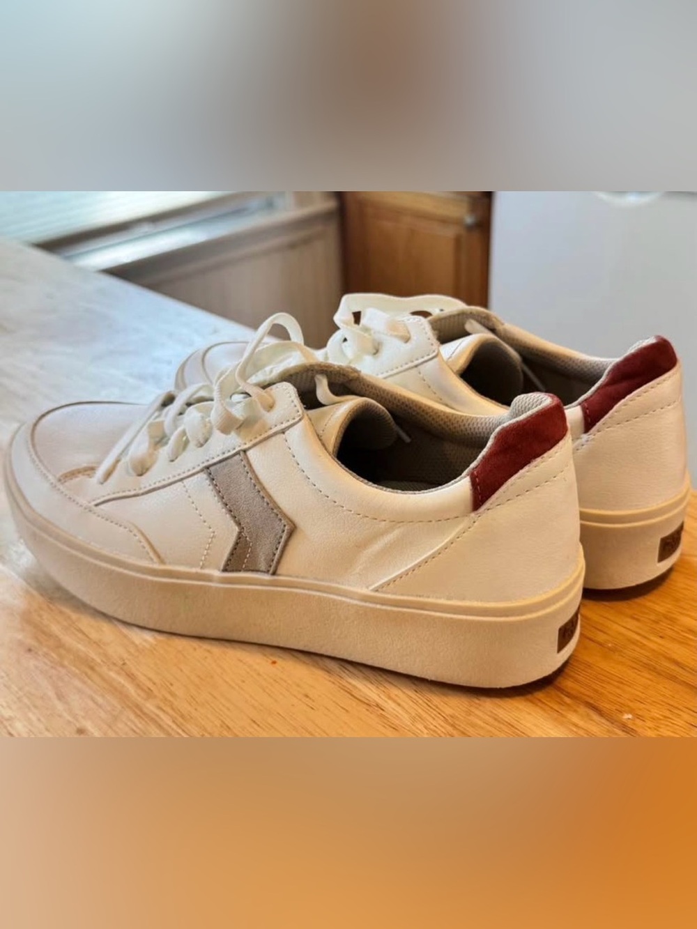 Dr. Scholl's Madison White Sneakers with Taupe Side Stripe and Rust Heel Tab
